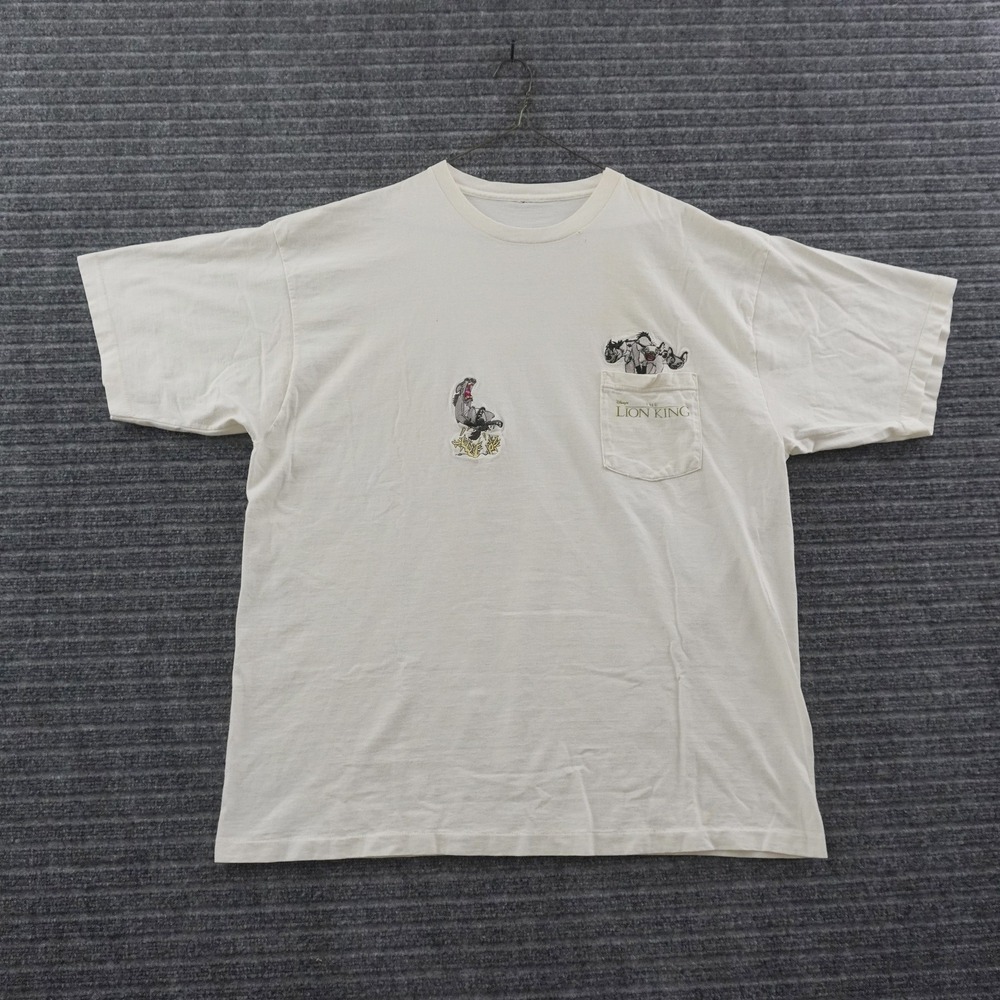 Vintage 90s Disney Lion King Pocket T-Shirt Mens XL Cream Hyena Embroidered